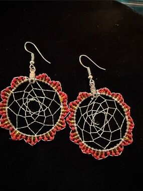 New Handmade by Me Women’s 2.5” Red Beaded Dreamcatcher silver Hoop Earrings